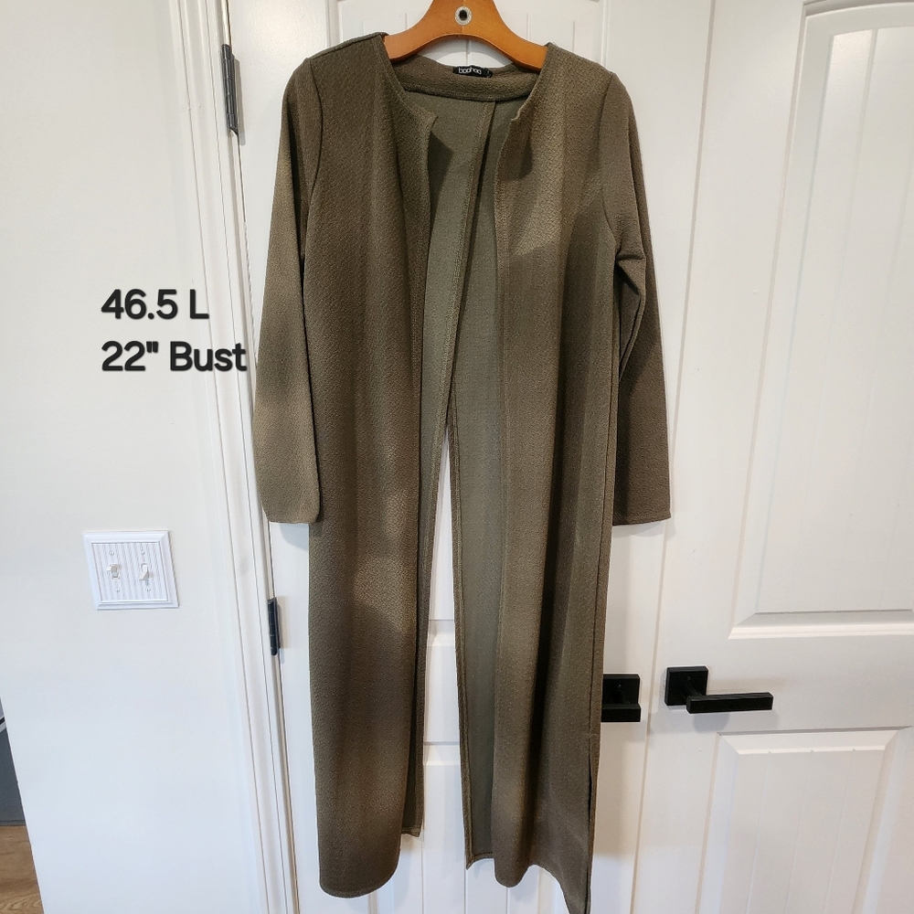 Boohoo Olive Color Long Cardigan With Front AND Back split. Size 8